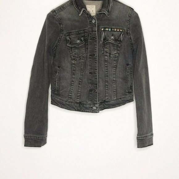 Free People Distressed Gray Cropped studded Riveted Denim Jacket S